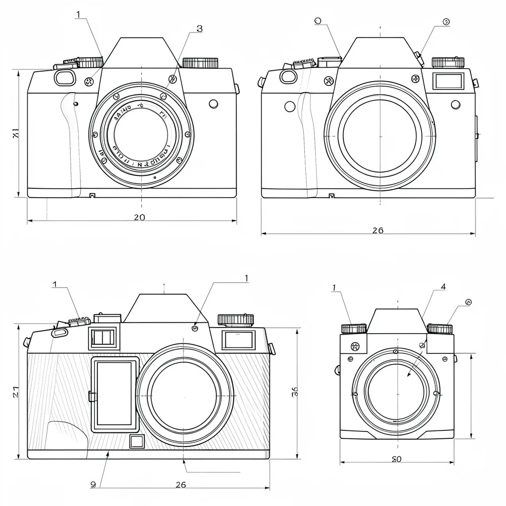 Blueprint-style schematic of a camera body, plan, front, and cutaway, hairline c