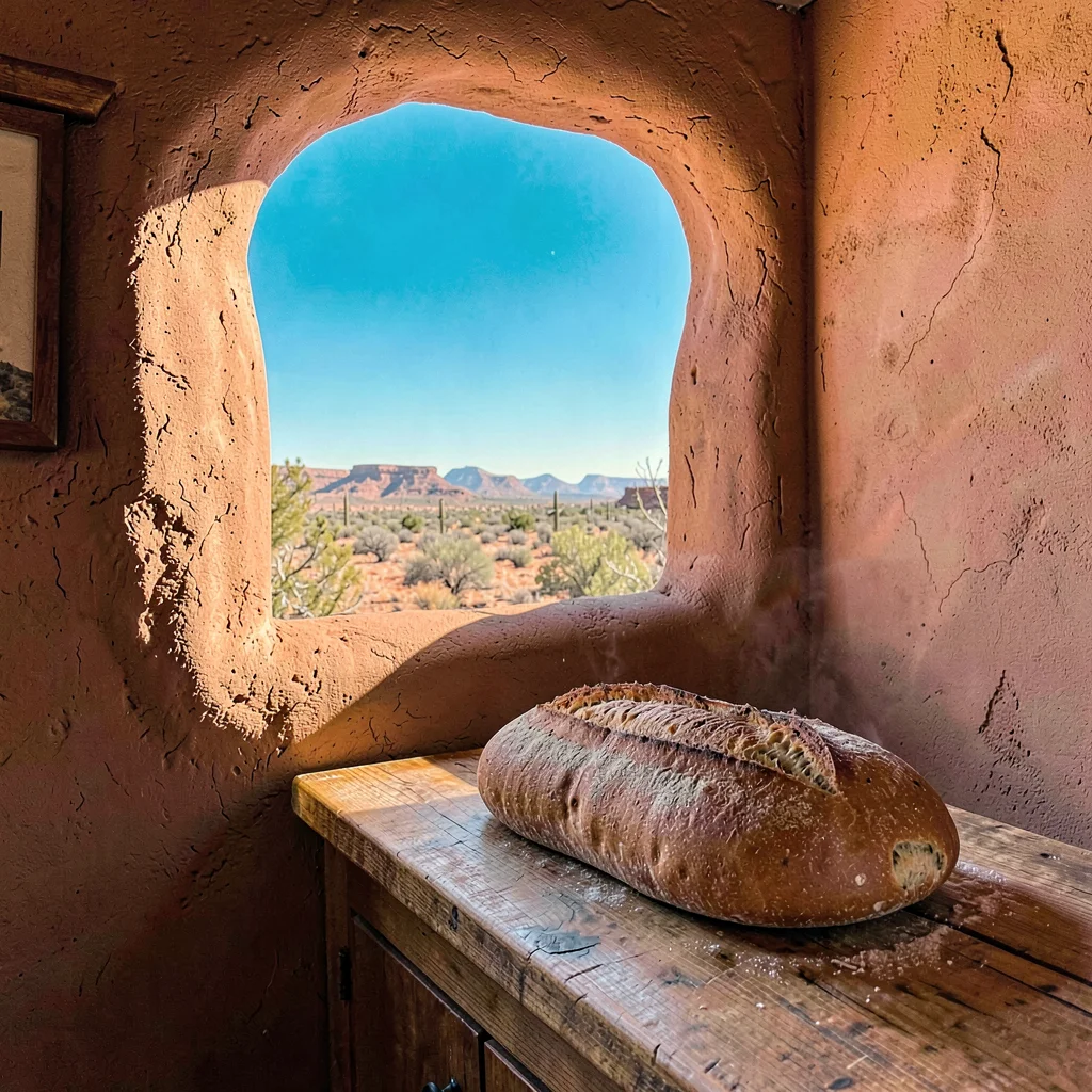 Santa Fe adobe warmth, high desert light clarity, Fresh loaf of pueblo bread coo