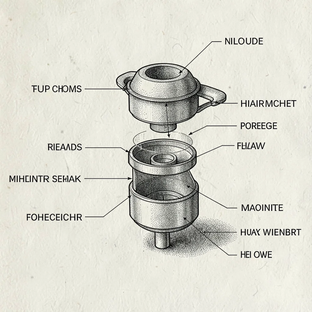 Pen-ink technical-style exploded view of a feeder with hairline labels, no reada