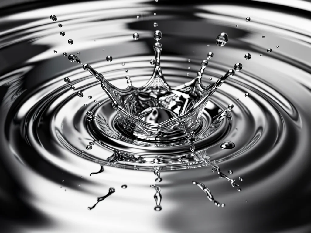 Chrome rain droplets hitting a chrome surface, each impact creating concentric c