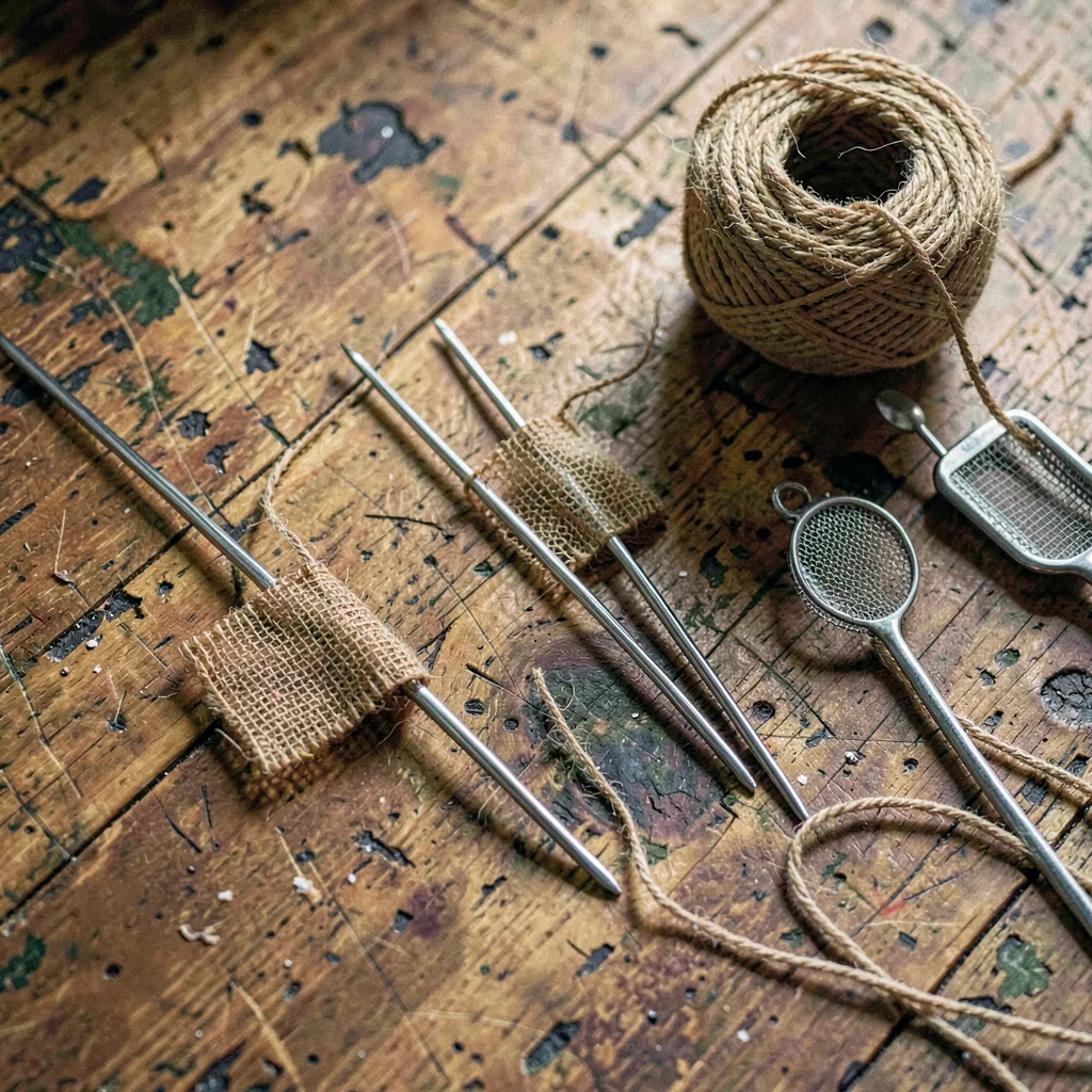 Atmospheric overhead of a worn worktop with three netting needles, mesh gauges a