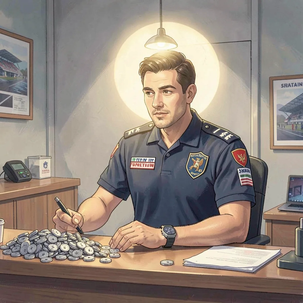 Warm lamp-line portrait of a race marshal at a check-in desk piled with timing c