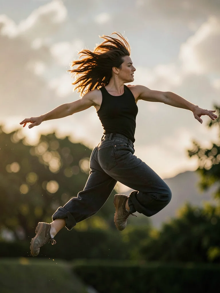 Dancer leaping, light catching hair