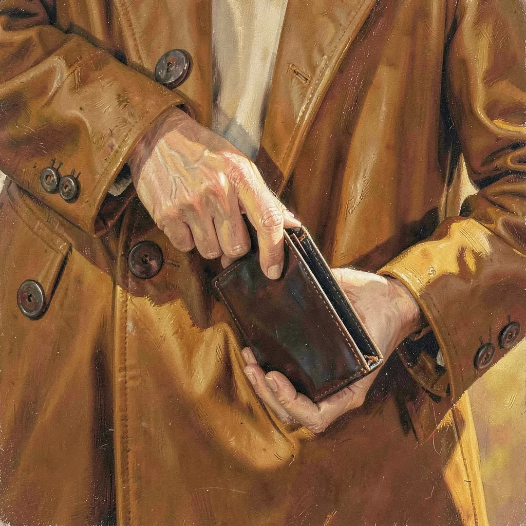 Warm vertical of a model lifting a wallet from a coat pocket, golden hour glow o