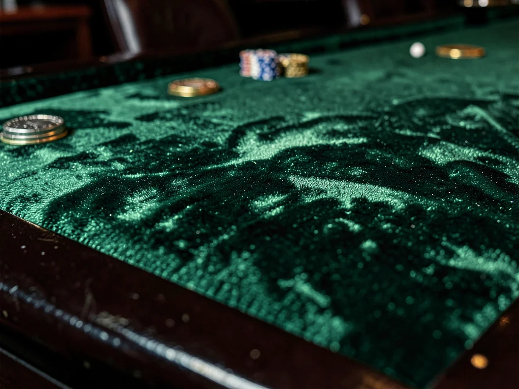 Casino table green velvet surface, gambling textile, chance material