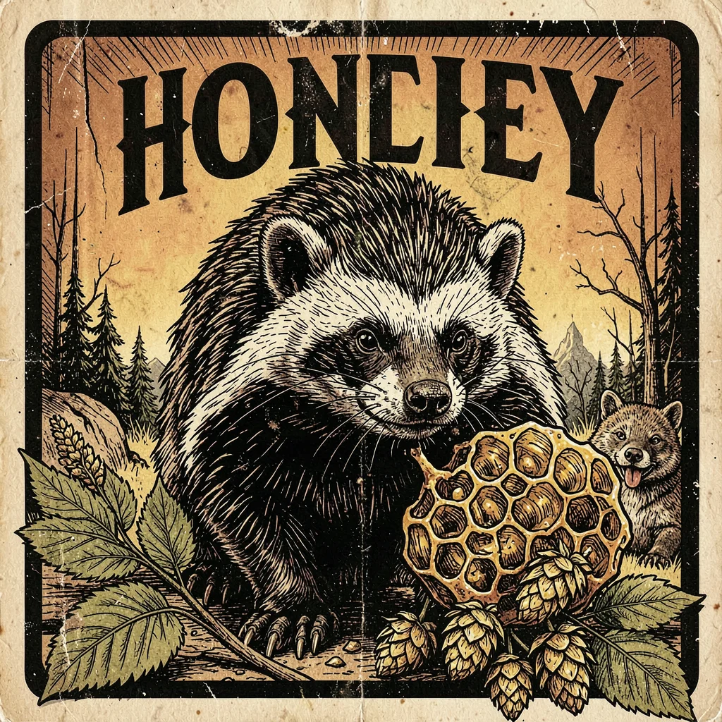 Craft beer label illustration, Honey badger with honeycomb and hops , brewery la