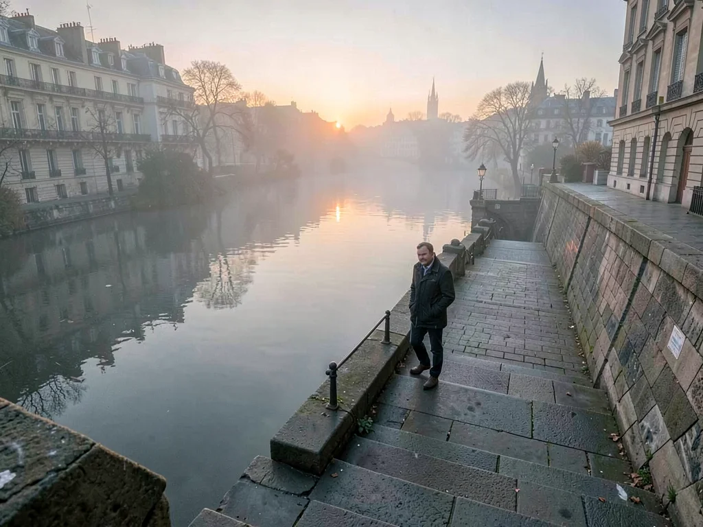 Quay steps descending into fog-covered water