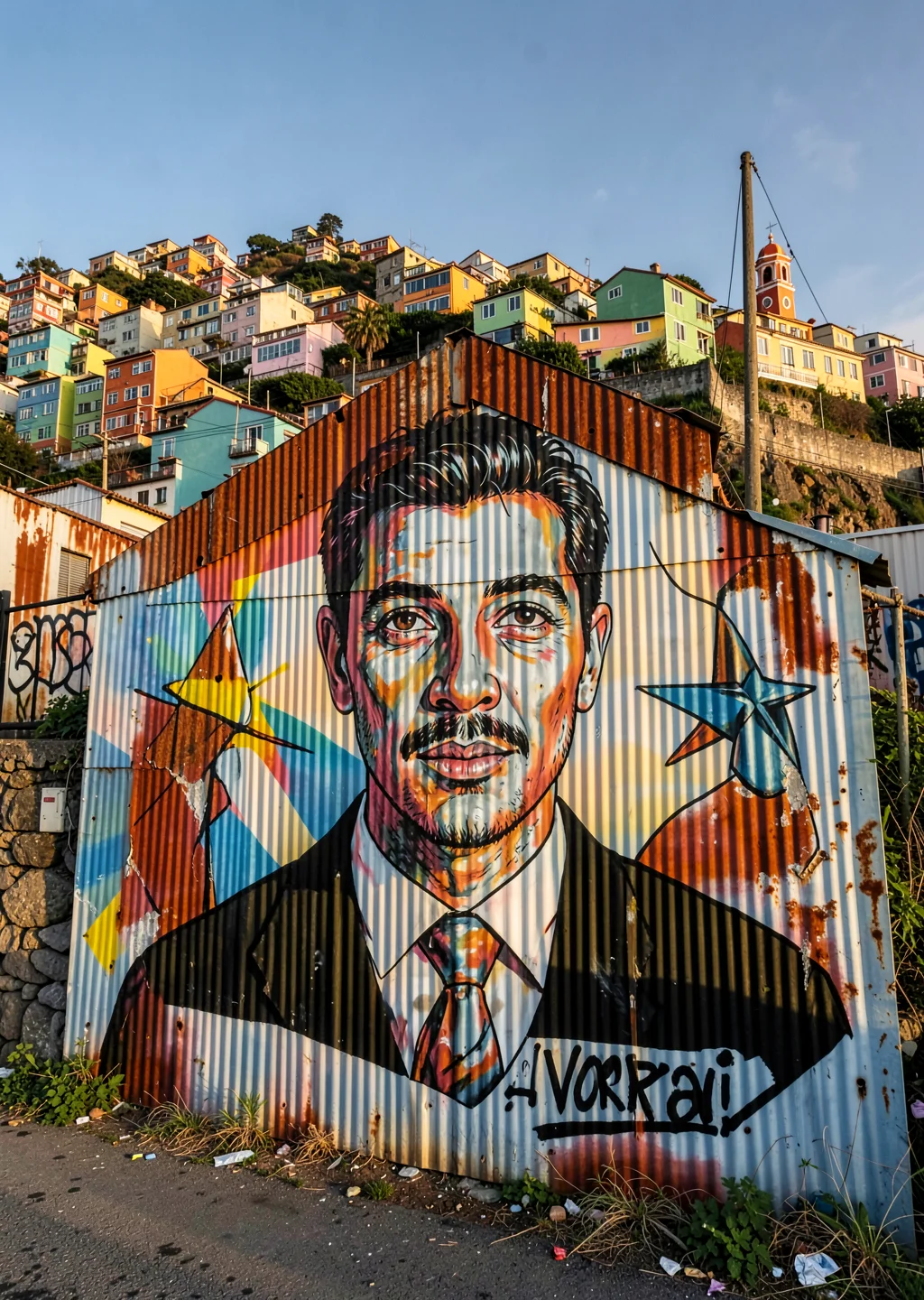 Impossible hill perspectives of Valparaíso, Chile, street art portrait on corrug
