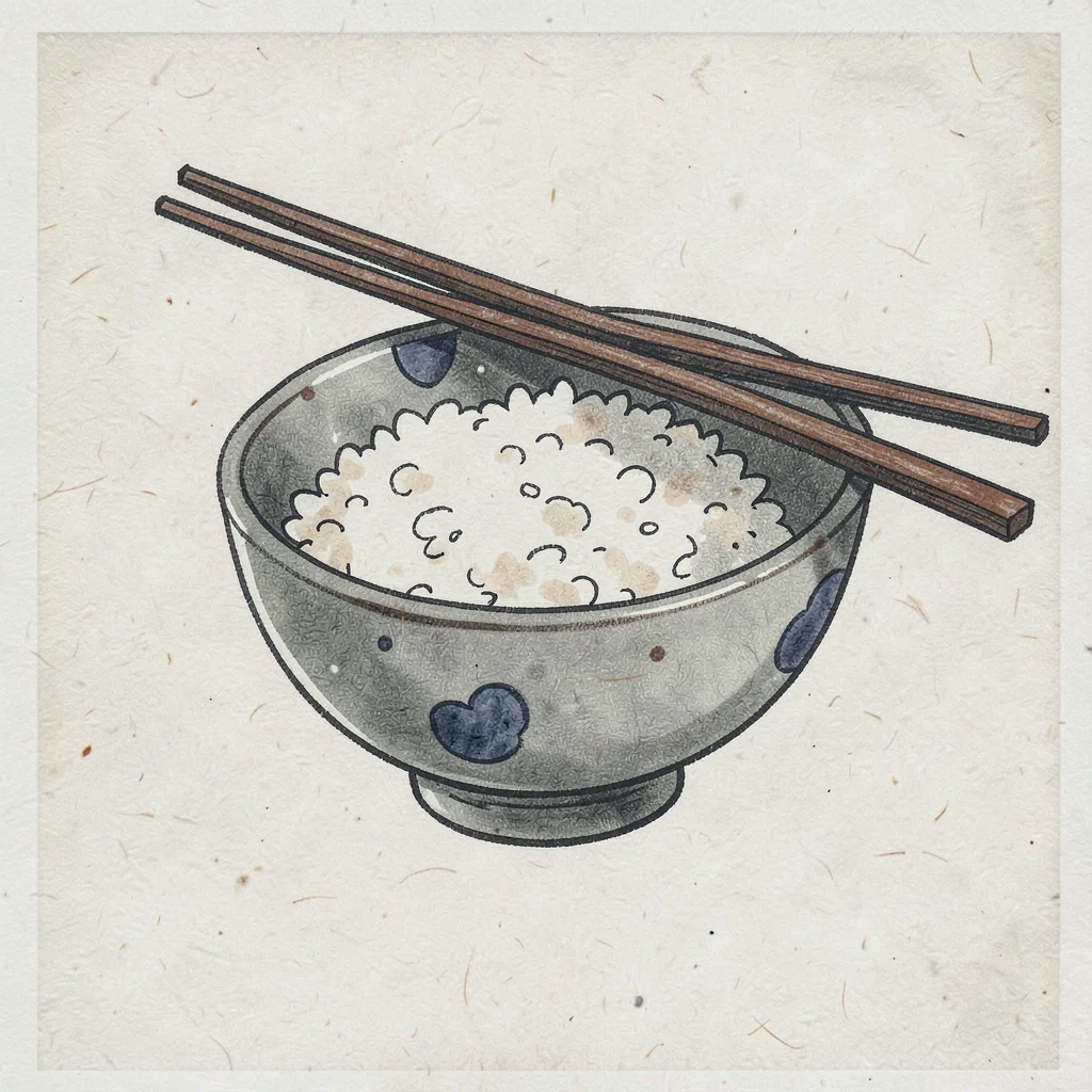 Ceramic bowl of rice with two chopsticks resting across the rim