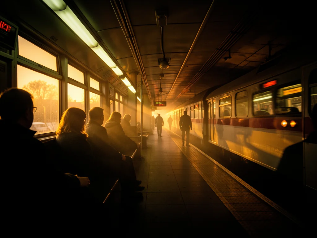 A bus interior at golden hour: warm light streaming through the windows, passeng