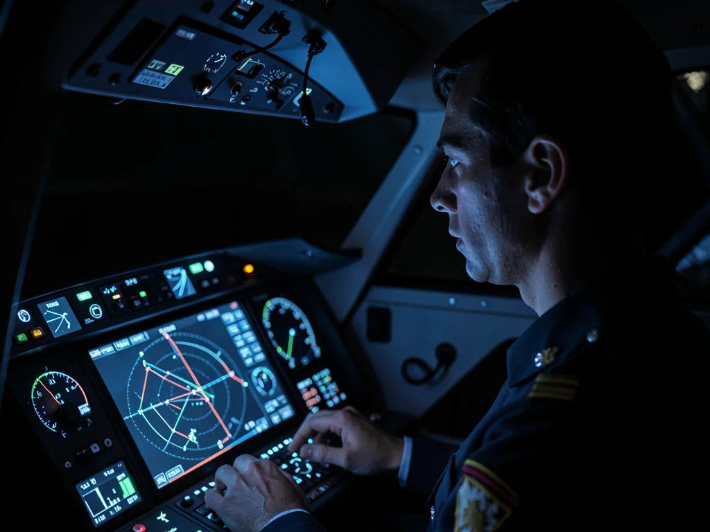 Pilot in cockpit, instrument panel lighting face, the focused navigation by digi