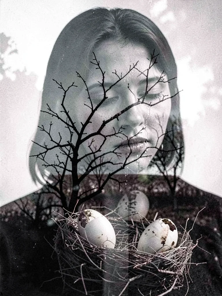 Grieving mother filled with empty nest, branches and abandoned eggs visible thro