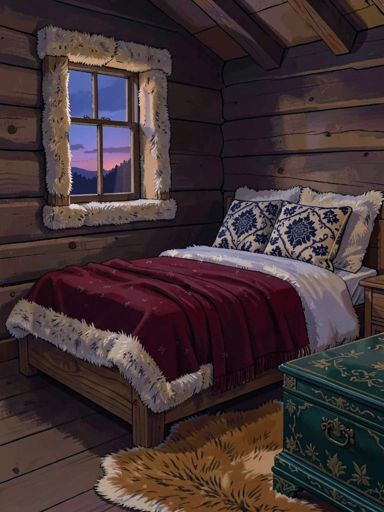 Fur-trimmed hunter's lodge bedroom at dusk with one small leaded window, garnet 
