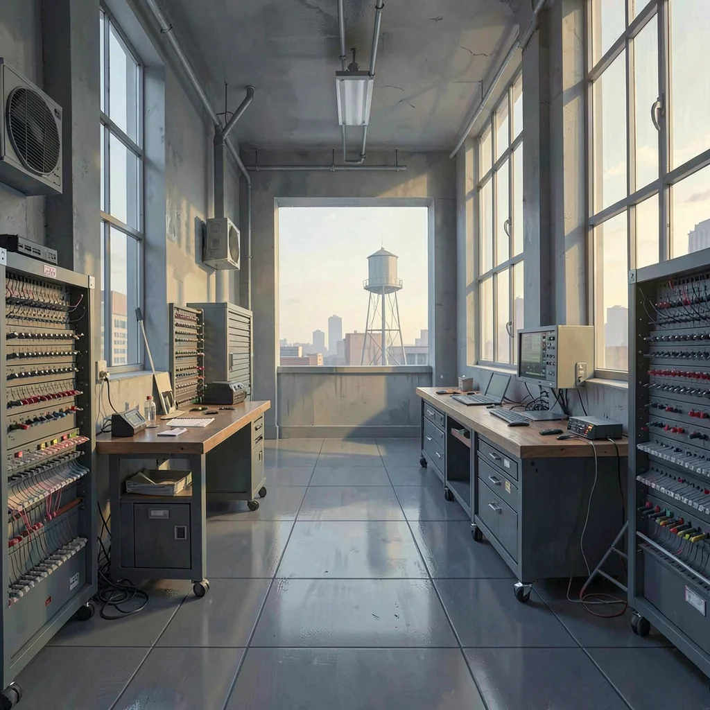 Workshop hallway lined with instrument racks and a long workbench under tall nor