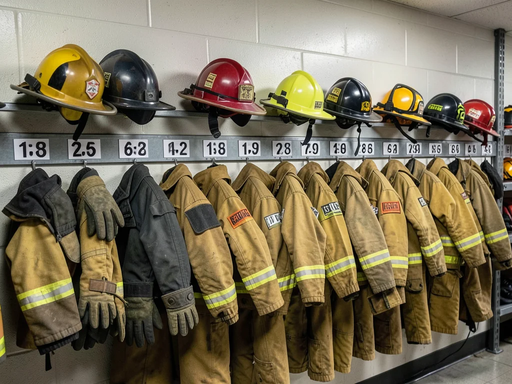 Firefighter equipment wall in station — helmets, gloves, and turnout jackets in 
