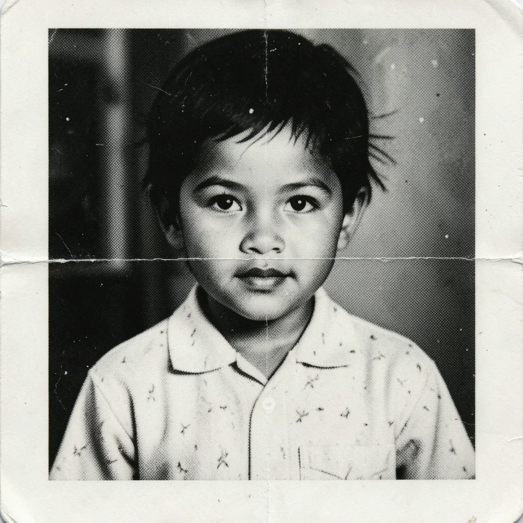 A child's school photo reproduced so many times the halftone dots have become ab