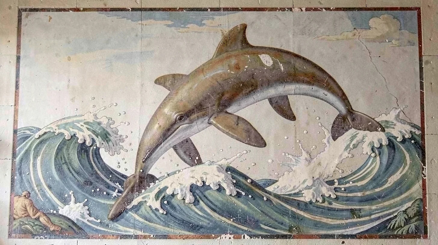 Fresco-style illustration, dolphins leaping through waves , painted into wet pla