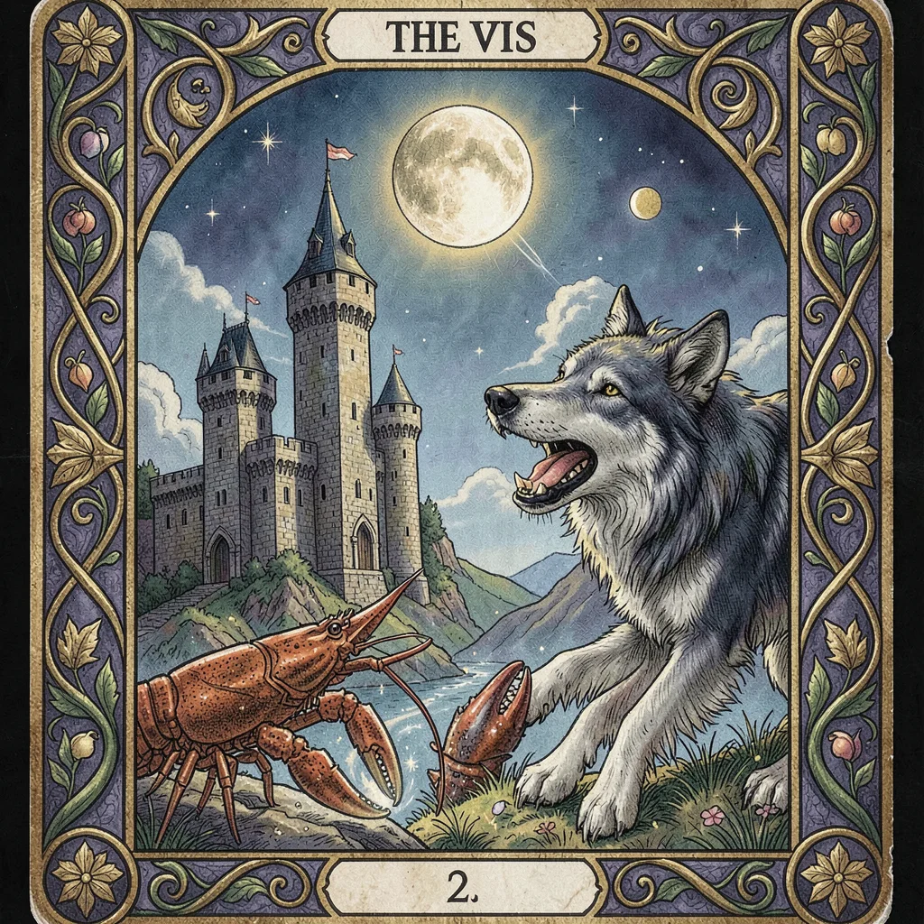 Tarot card illustration, The Moon with two towers, dog and wolf howling, crayfis