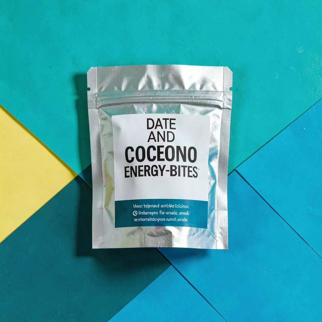 single foil-pouch of date-and-coconut energy-bites top-down on a vivid teal back