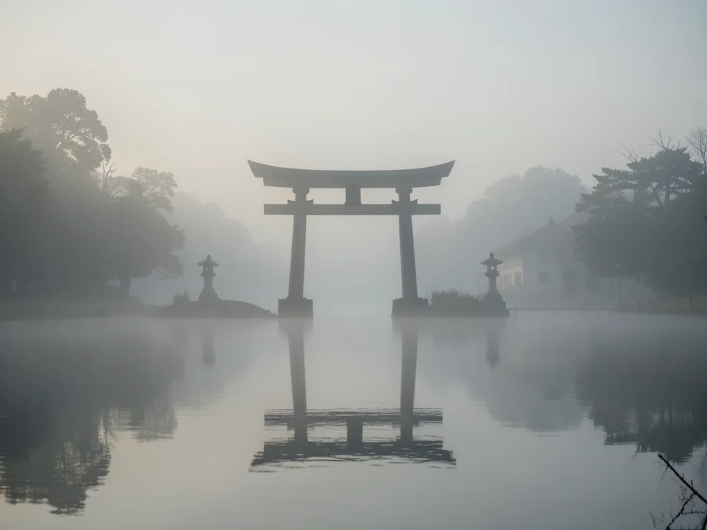 A Japanese torii gate standing in water, morning mist surrounding it, the gate r