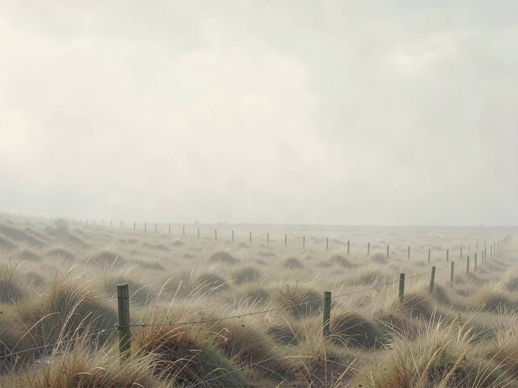 Half-buried fence posts running across a windblown plain, every post smaller tha