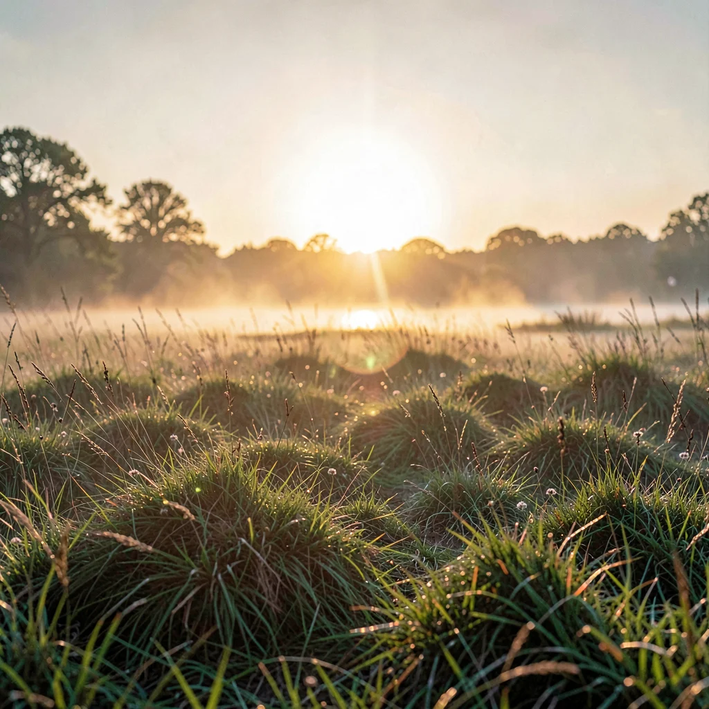 Meadow at dawn with low mist clinging to grass, sun rising behind