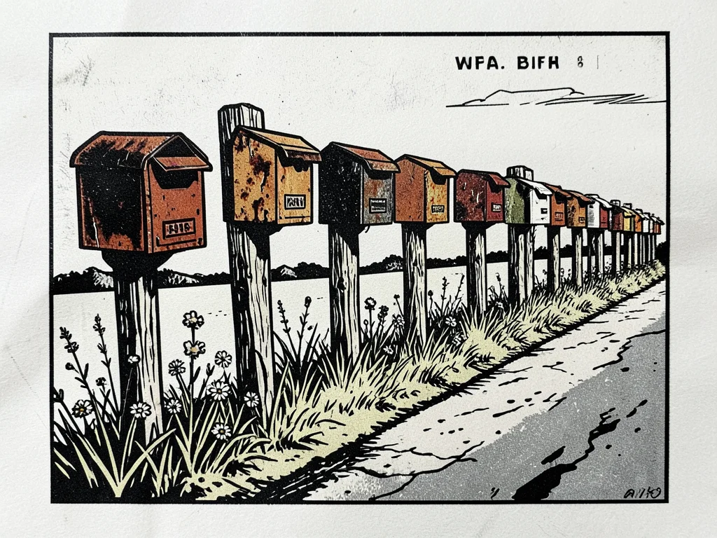 A row of mailboxes on wooden posts along a rural road, each a different state of