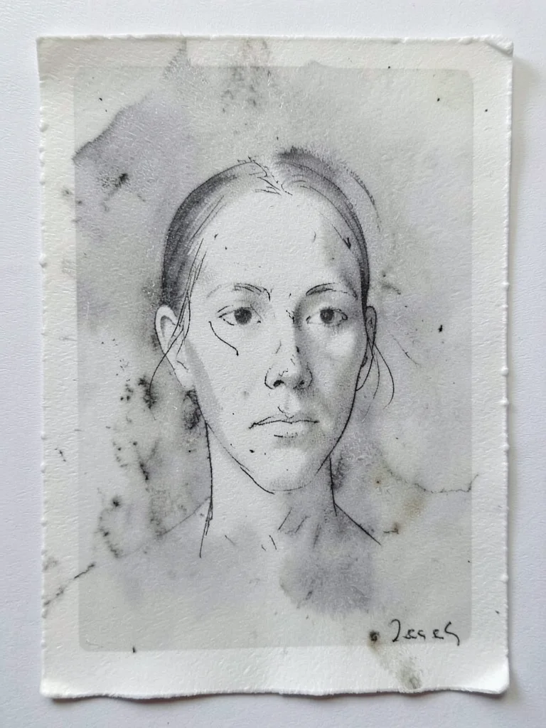 Monoprint trace drawing, pencil pressed on paper laid over inked plate, only the