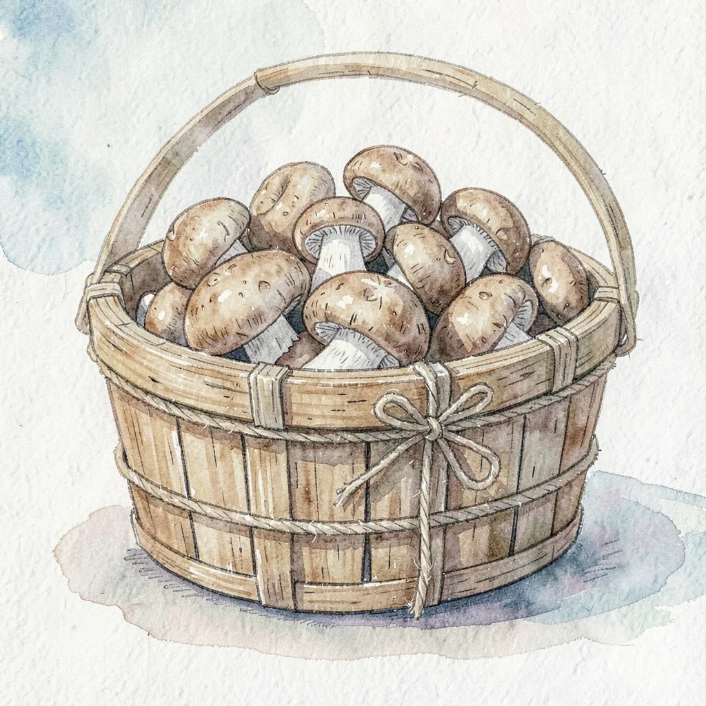 Documentary square of a delivery basket of mushrooms tied with butcher twine