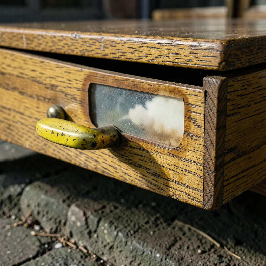 A library card catalog drawer front in golden oak, the brass pull handle worn to