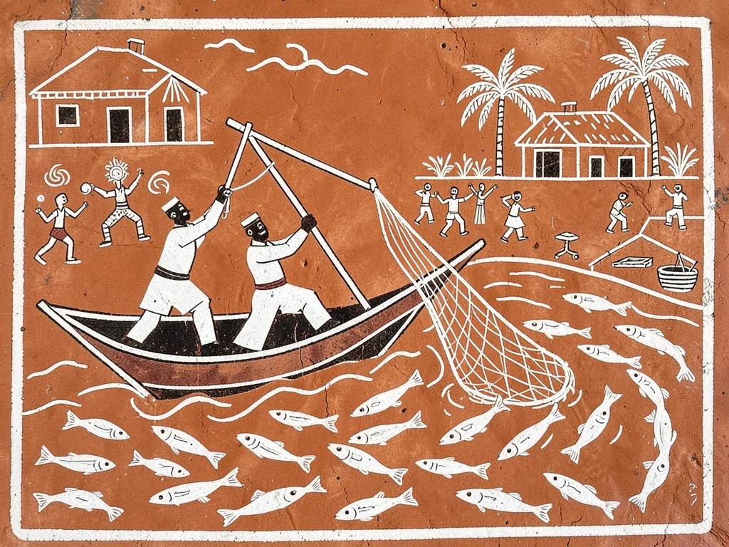 Fishing scene — two figures in a triangular boat casting a net into a river of f