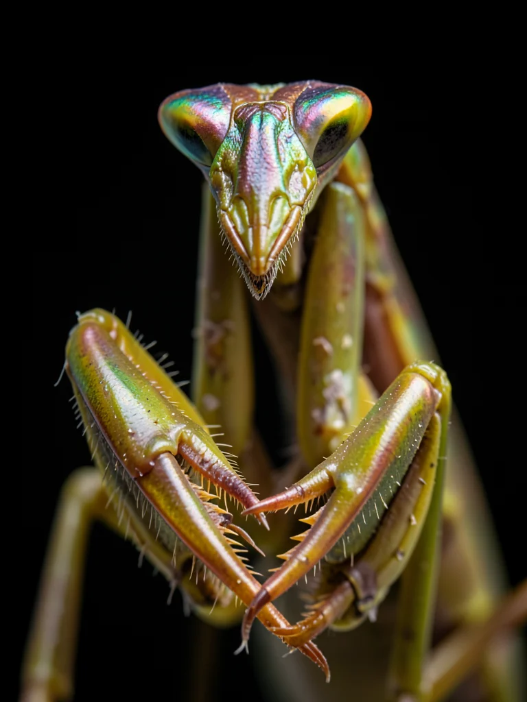 A praying mantis cleaning its raptorial forelegs, the serrated spines visible, t