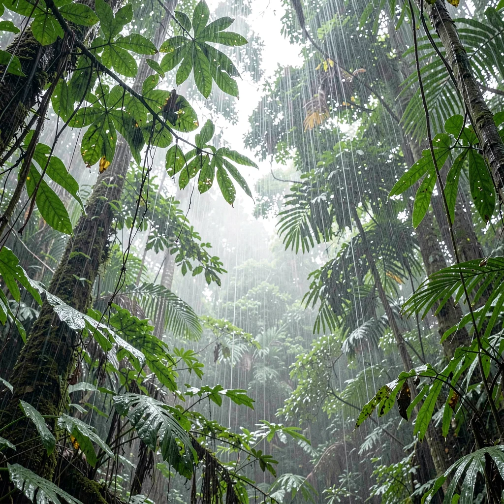 Tropical rainforest photograph, humid jungle atmosphere, Rain falling into the c