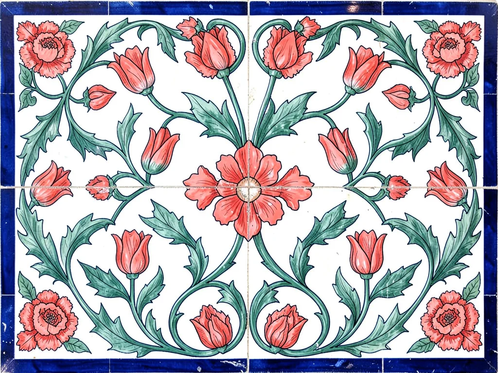 Stylized cloud band motif with tulips growing through it — continuous repeat str
