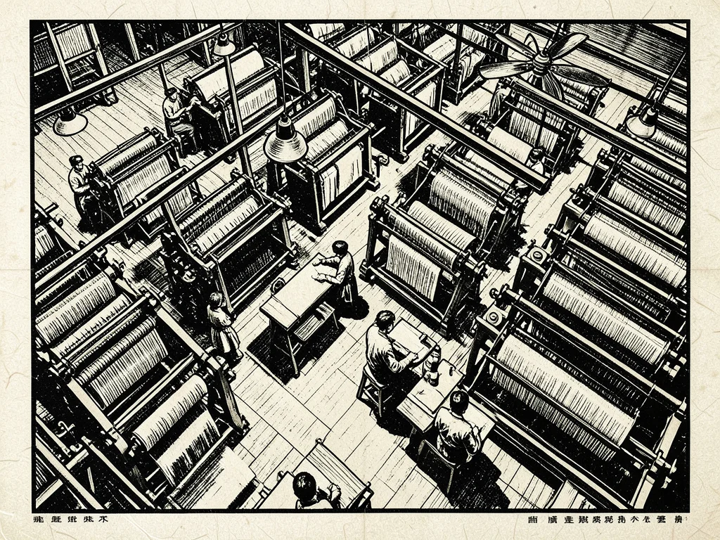 A factory floor seen from above — rows of textile looms, workers at stations, bo