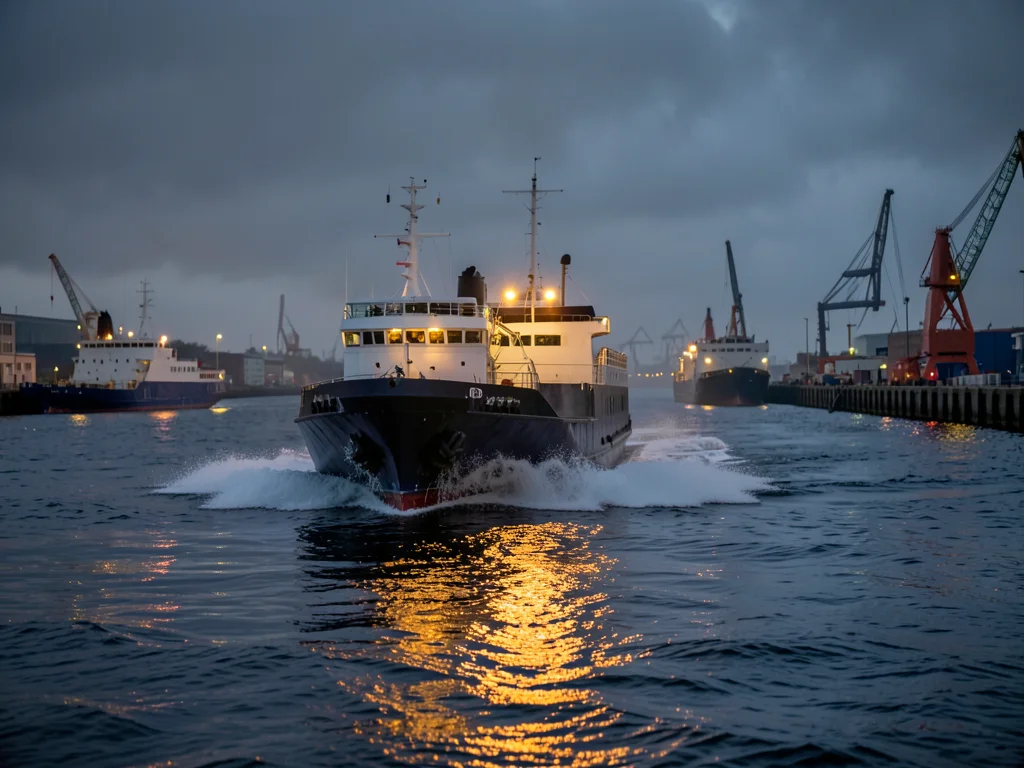 A ferry crossing in a storm: spray over the bow, grey sky meeting grey sea, navi