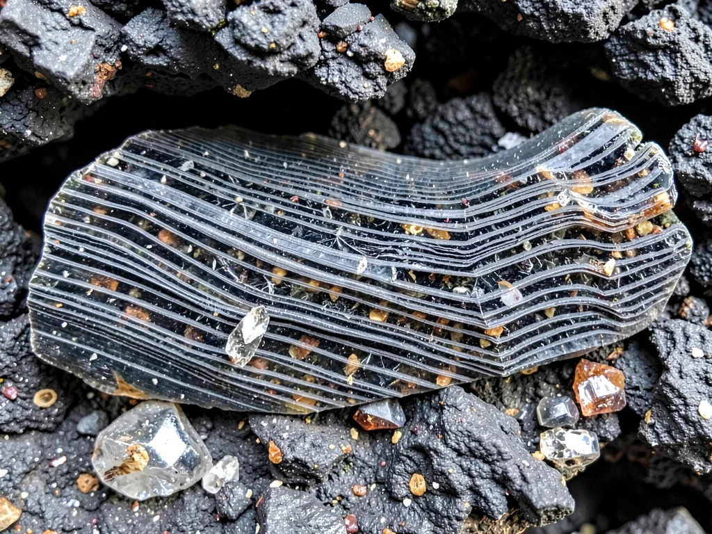 Volcanic glass showing flow banding patterns