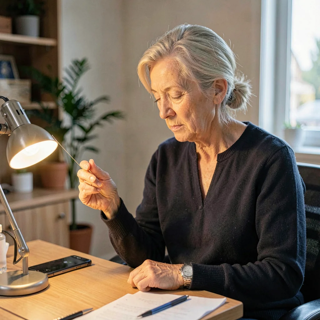 A focused white acupuncturist in her forties placing a needle, lamp on the gleam