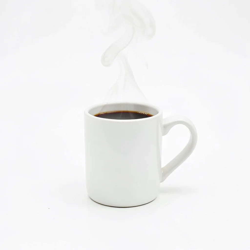 Coffee mug with steam, white ground