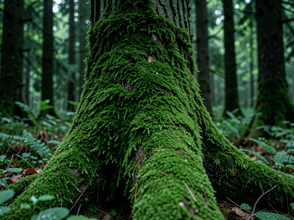 Tree base moss collar in deep forest