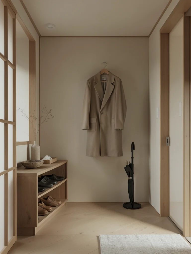Japanese-inspired entryway with wooden shoe cabinet, single hanging coat, umbrel