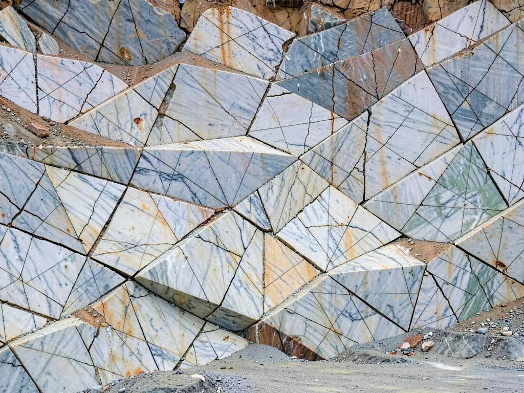 Crack patterns in quarry face creating abstract geometry