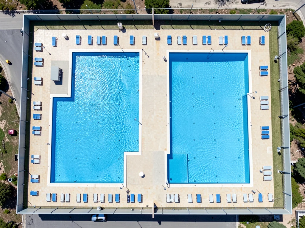 Public pool complex, blue rectangles of varying sizes, lounge chairs as dots