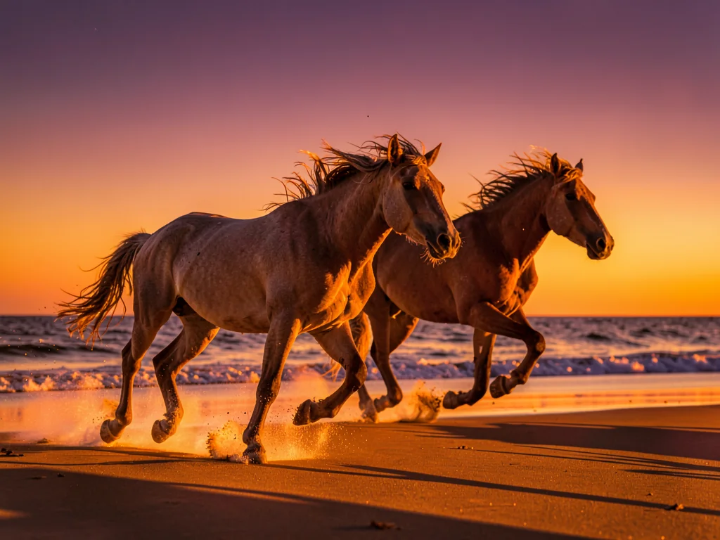 Wild horses running on beach at sunset, manes catching fire light, hooves kickin