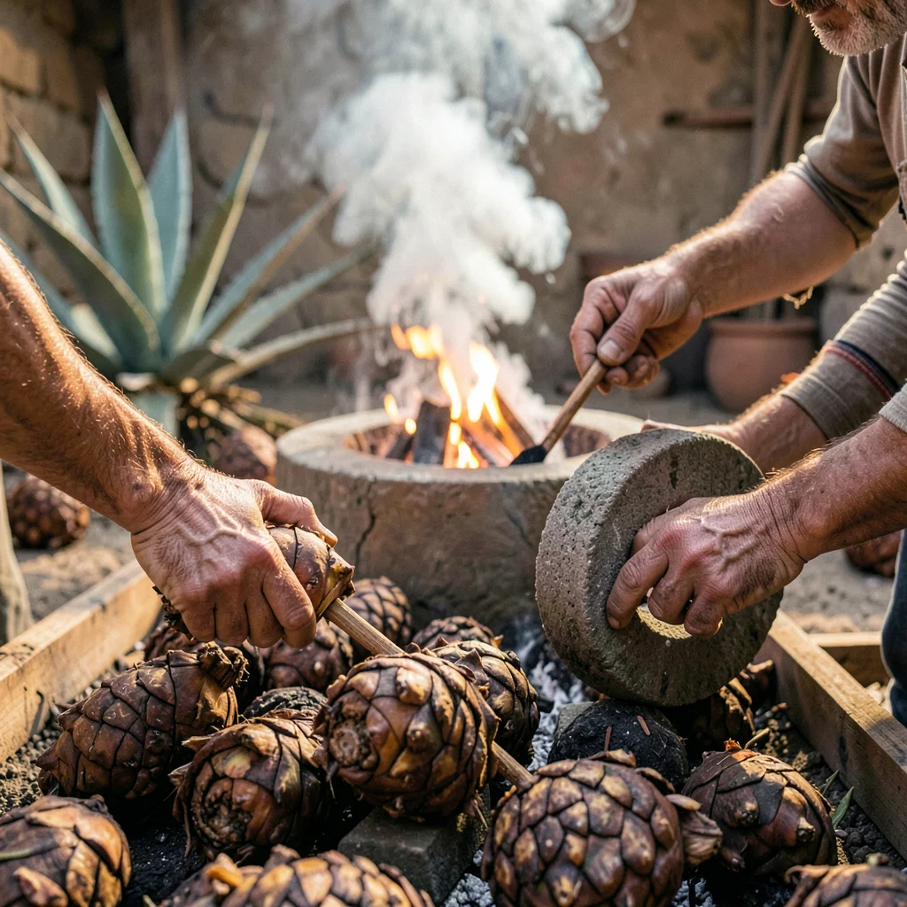 Oaxacan mezcal process, palenque atmosphere, Weathered hands selecting dried aga