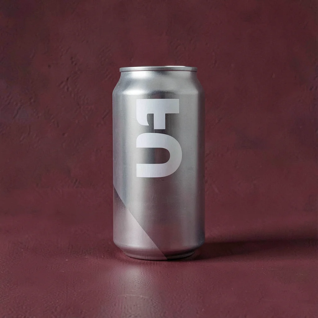 Beer can three-quarter angle on a deep cranberry seamless, label texture catchin