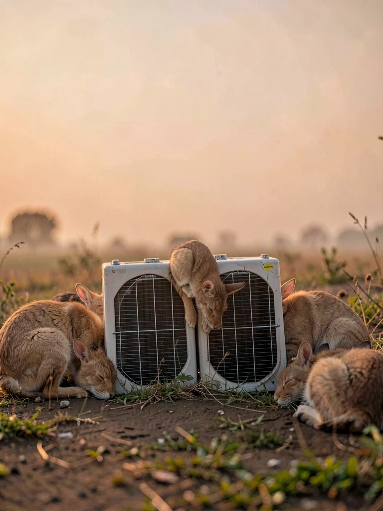 A tight pack of AC condensers crouches like sleeping animals under a soft hazy s