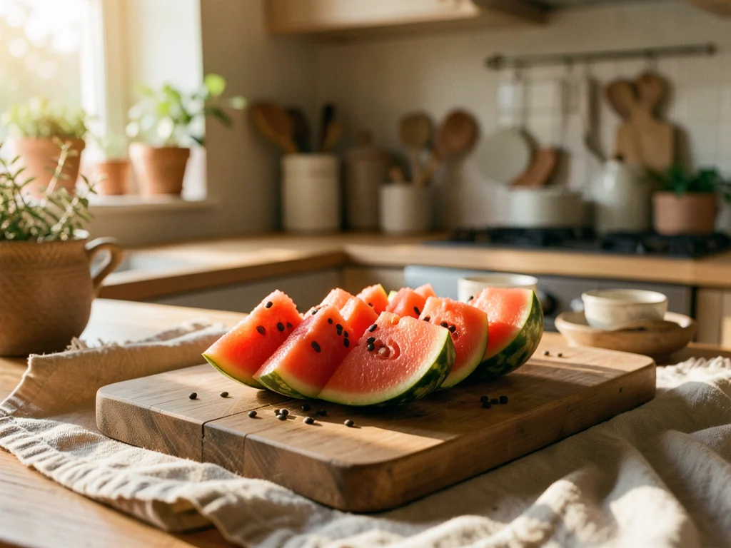 Watermelon slices arranged on cutting board, seeds visible, summer kitchen