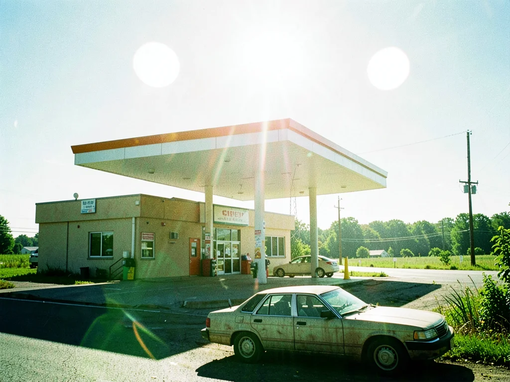 Gas station on a county road at noon with the canopy in full glare and a single 