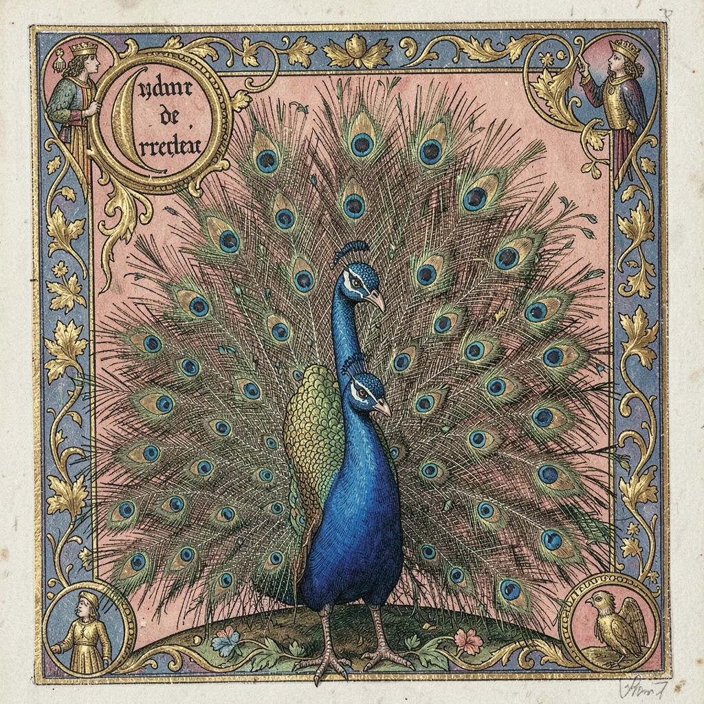An ornate peacock displaying its feathers